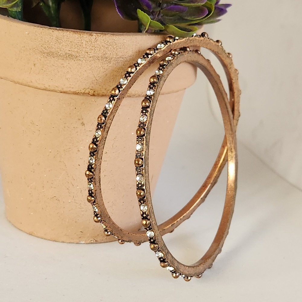 Vintage Style Copper Tone Rhinestone Bangle Bracelet Set of 2 Bohemian Inner 2.5 - Picture 4 of 6